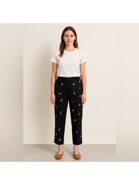 Peter Martin Black Linen Blend Embroidered Animal Pants - Size 12